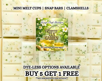 May include: Wax melt bars in white with green flecks, labelled "Whispering Tea Garden." The packaging reads "Mini Melt Cups, Snap Bars, Clamshells" and "All-Natural Soy Wax Melt." The text "Buy 5 Get 1 Free" is also visible.