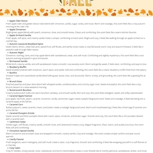 May include: A white informational document titled 2026 FALL A-Z featuring a decorative border of orange and yellow autumn leaves. The text lists various seasonal scent descriptions including Apple Cider Donut, Apple Cinnamon, and others.