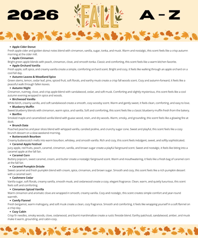 May include: A white informational document titled 2026 FALL A-Z featuring a decorative border of orange and yellow autumn leaves. The text lists various seasonal scent descriptions including Apple Cider Donut, Apple Cinnamon, and others.