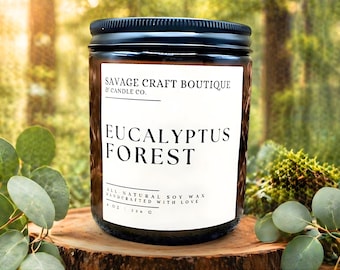 Vela de cera de soja natural con aroma a bosque de eucalipto / Vertida a mano / Hecha en casa / Aroma intenso / Libre de tóxicos / Sin colorantes / Ideas para regalos