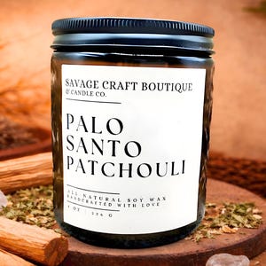 Świeca z wosku sojowego Palo Santo Patchouli, w pełni naturalna | Wylewana ręcznie | Domowej roboty | Intensywny zapach | Bez toksyn | Bez barwników | Pomysły na prezent