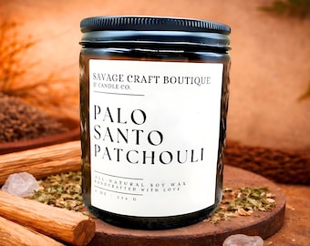 Vela de cera de soja natural con palo santo y pachulí / Vertida a mano / Hecha en casa / Aroma intenso / Libre de tóxicos / Sin colorantes / Ideas para regalos