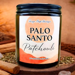 Vela de cera de soja con palo santo y pachulí / Aroma a madera terrosa / Aroma intenso / Diseño minimalista o ilustrado / Fragancia para el hogar no tóxica