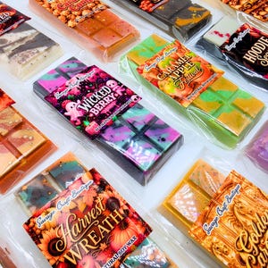 May include: A collection of rectangular soy wax melts in clear plastic packaging, each featuring a unique label with names like Wicked Berry, Caramel Apple Festival, Harvest Wreath, and Golden Carousel, showcasing various colorful wax patterns.