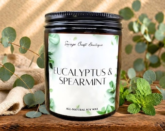 Eucalyptus & Spearmint Soy Wax Candle | Fresh Herbal Mint Scent | Strong Scented | Minimalist or Illustrated | Non-Toxic Home Fragrance