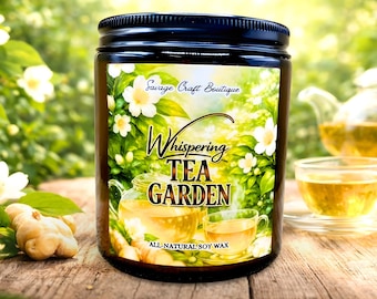Whispering Tea Garden Soy Wax Candle | White Tea Ginger Scent | Strong Scented | Minimalist or Illustrated | Non-Toxic Home Fragrance