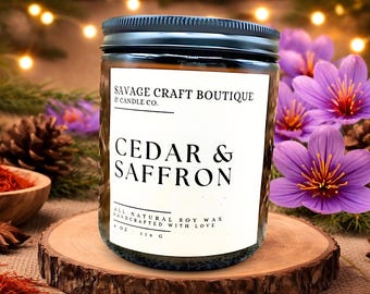 Vela de cera de soja natural con cedro y azafrán / Vertida a mano / Hecha en casa / Aroma intenso / Libre de tóxicos / Sin colorantes / Ideas para regalos