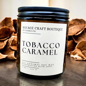 Tobacco Caramel Type Scented, All-Natural Soy Wax Candles, Hand Poured, Homemade, Strong Scented, Toxic-Free, Dye-less, Gift Ideas