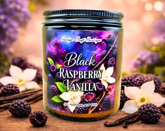 Black Raspberry Vanilla Soy Wax Candle | Fruity Vanilla Scent | Strong Scented | Minimalist or Illustrated | Non-Toxic Home Fragrance