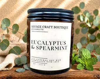Eucalyptus & Spearmint All-Natural Soy Wax Candle | Hand Poured | Homemade | Strong Scented | Toxic-Free | Dye-less | Gift Ideas