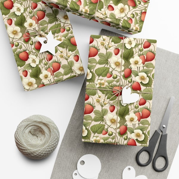 Wild Strawberries & Foliage Wrapping Paper - Charming Illustrations with White Flowers, Nature-Inspired, Eco-Friendly, Satin/Matte Finish