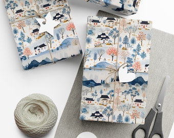 Vintage Chinoiserie Mountain Village Wrapping Paper - Asian Architecture & Snowy Landscape, Hand-Painted Style