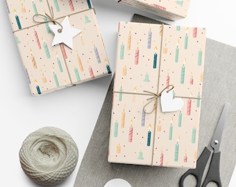 Colorful Birthday Candles Wrapping Paper - Soft Palette, Confetti Accents, Perfect for Girl's Birthday, Eco-Friendly, Satin/Matte Options