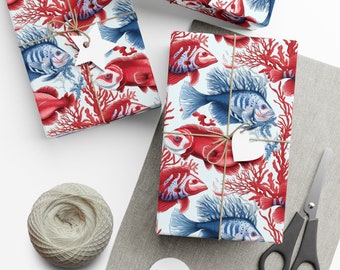 Oceanic Coral & Fish Illustration Wrapping Paper - Red and Blue on White, Striking Underwater Design, Eco-Conscious