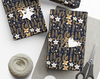 Elegant Floral Wrapping Paper - White & Golden Flowers on Navy, Luxury Gift Wrap, Various Sizes