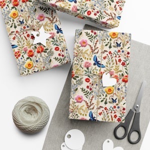 Floral Embroidery Style Wrapping Paper - Spring Blossom Pattern, Off-White Canvas, Satin/Matte, Eco-Friendly, USA, 3 Sizes