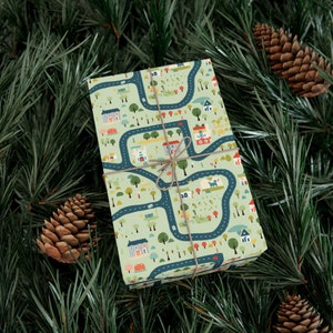 Kinderstadsroutekaart inpakpapier - Leuk ontwerp van huizen en bomen, ideaal voor kindercadeaus