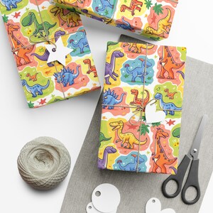 Colorful Cartoon Dinosaurs Wrapping Paper - Perfect for Dino Fans, Children&#39;s Jurassic Themed Gifts and Parties