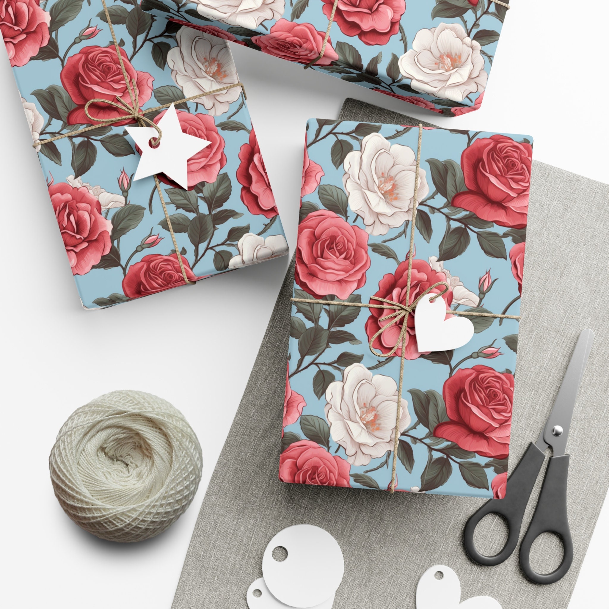 Elegant Red & White Roses Wrapping Paper - Stylish Floral Design on Light  Blue, Ideal for Romantic Gifts, Eco-Friendly
