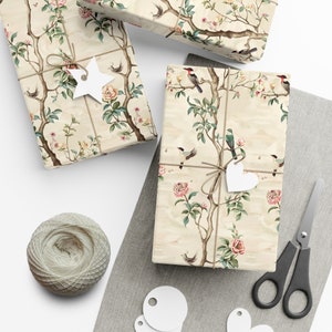 Vintage Chinoiserie Birds Wrapping Paper - Hand-Painted Style on Light Beige, Perfect for Nature & Art Lovers