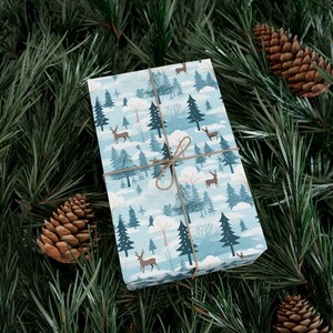 Enchanted Snowfall Wrapping Paper, Deers & Pine Trees, Light Blue/White, Satin/Matte Finish, Eco-Friendly, Made in USA, 3 Sizes Available