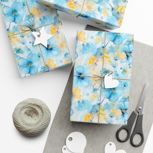 Watercolor Pale Blue & Yellow Flowers Wrapping Paper - White Background, Eco-Friendly, Artistic - Perfect for All Occasions