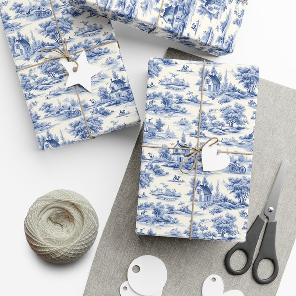 Vintage French Countryside Toile de Jouy Wrapping Paper - Blue on White, Classic Elegance, Ideal for Any Occasion, Eco-Friendly