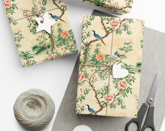 Vintage Chinoiserie Vogel- und Blumengeschenkpapier - handbemalte Essenz auf Hellbeige, ideal für Kunst- und Naturliebhaber