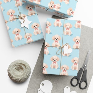 Cute White Mini Poodle Wrapping Paper - Adorable Illustration on Blue, Great for Dog Lovers, Eco-Friendly