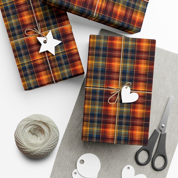 Vibrant Blue & Orange Tartan Wrapping Paper - Plaid Design, Eco-Friendly, Choice of Finishes - Perfect for Unique and Memorable Gifts