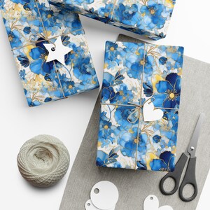 Luxurious Pale Blue Floral Wrapping Paper with Golden Veins - White Background, Eco-Friendly - Perfect for Weddings & Celebrations