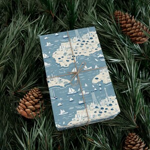 Papel de embrulho de aventura náutica - Design de ilhas marítimas e barcos, perfeito para entusiastas do mar