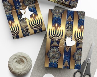 Elegant Menorah Hanukkah Wrapping Paper - Intricate Design on Blue & Gold, Symbolizing Festival of Lights