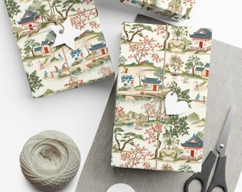 Vintage Chinoiserie Asian Village Wrapping Paper - Cherry Blossoms & Daily Life, Hand-Painted Style, Ideal for Serene Gifts
