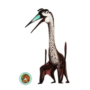 May include: A detailed illustration of a pterosaur with a long, slender neck, dark brown wings, and a white body featuring black speckles. The creature has a sharp beak with a teal accent and an open mouth. A circular logo reads Paleo Pencils.