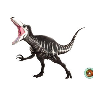 Op de afbeelding: Illustratie van een zwart-witte dinosaurus met een open mond, die een roze binnenkant onthult. De dinosaurus heeft scherpe klauwen en een lange staart. Een klein logo staat in de rechter benedenhoek.