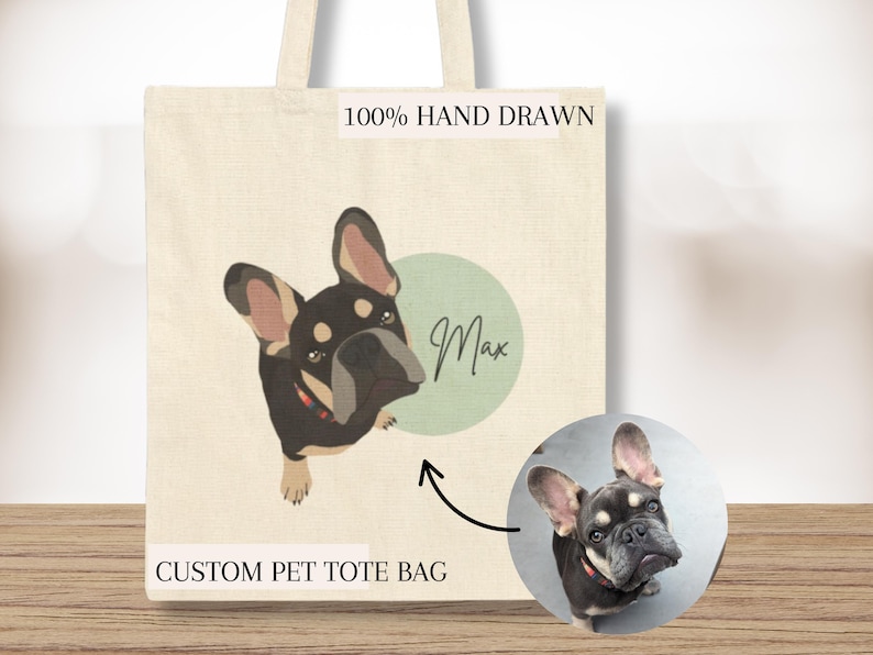 Borsa tote personalizzata per cani, borsa tote in tela personalizzata, regalo personalizzato per cani, ritratto di cane personalizzato, regalo personalizzato, borsa tote personalizzata, regalo personalizzato per gatti immagine 1