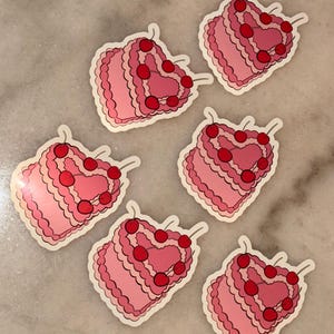 Adesivo de bolo de cereja em forma de coração – Estética de sobremesa rosa fofa