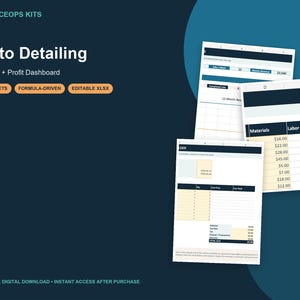 May include: A digital auto detailing pricing and profit dashboard spreadsheet with 12 sheets, formula-driven calculations, and editable XLSX format. The interface features dark blue headers, white cells, and orange buttons labelled 12 SHEETS, FORMULA-DRIVEN, and EDITABLE XLSX.