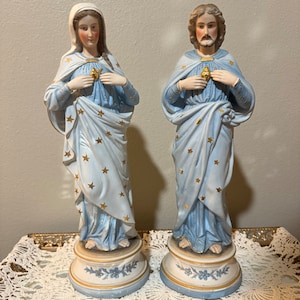 Vieux Andenne Sacred Heart of Jesus and Immaculate Mary bisque porcelain religious statue