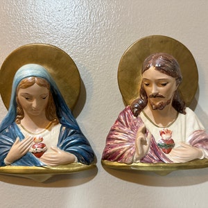 7.5” Height Plaster Statues of the Sacred Heart of Jesus and Immaculate Heart of Mary religious art plaques