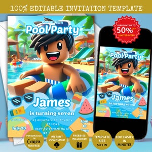 May include: Editable invitation template for a pool party featuring a cartoon character in a swimming pool. The invitation is blue and includes a watermelon, sunglasses, and the text "Pool Party". The text "James is turning seven" is also included. The template is 5x7 inches and can be edited in Canva.