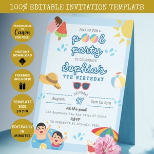 Editable Pool Party Invitation, Pool Birthday Invite, Pool Party Invitation, Summer Pool Party Invitation template, Canva, Electronic Invite