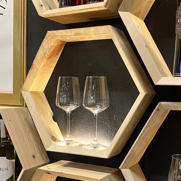 Hexagon shelf made of pallets upcycling wine rack stackable decorative shelf wine bottles wall shelf wine glasses gift customizable