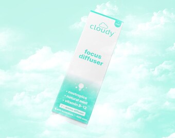 May include: A white and blue box with the text "cloudy" and "focus diffuser" on it. The box lists the ingredients: nootropics, natural mint, and vitamin B-12. It also says "1x aroma diffuser" and "with botanicals - 600 uses".