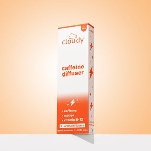 May include: A white box with orange accents and a cloud logo. The box contains 3 caffeine diffuser packs with mango and vitamin B-12. The text on the box reads "cloudy caffeine diffuser".
