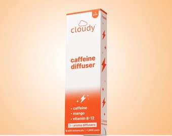 May include: A white box with orange accents and a cloud logo. The box contains 3 caffeine diffuser packs with mango and vitamin B-12. The text on the box reads "cloudy caffeine diffuser".