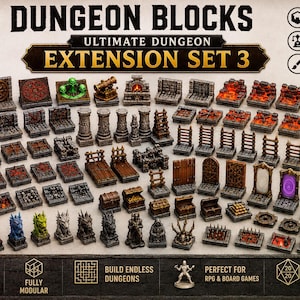 May include: A collection of 3D-printed dungeon blocks, including walls, furniture, and decorative elements. The set includes 101-135 blocks and extras, perfect for RPG and board games. The text on the image reads "Dungeon Blocks Ultimate Dungeon Extension Set 3".