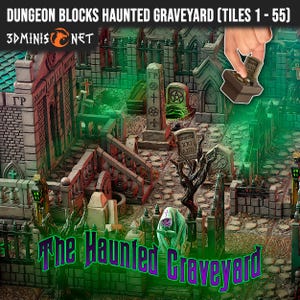 Puede incluir: Diorama en miniatura de un cementerio embrujado con lápidas, una iglesia y una valla de hierro forjado. La escena incluye el texto "DUNGEON BLOCKS HAUNTED GRAVEYARD" y "The Haunted Graveyard". Una mano coloca una lápida.