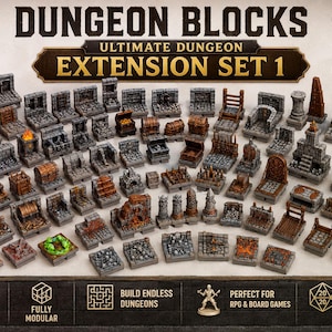 Puede incluir: Un conjunto de bloques de mazmorras impresos en 3D, que incluyen muros, sillas, cofres y más. El conjunto se titula "Ultimate Dungeon Extension Set 1" e incluye más de 55 bloques únicos. Diseñado para juegos de rol y de mesa, compatible con D&D, Pathfinder y más.